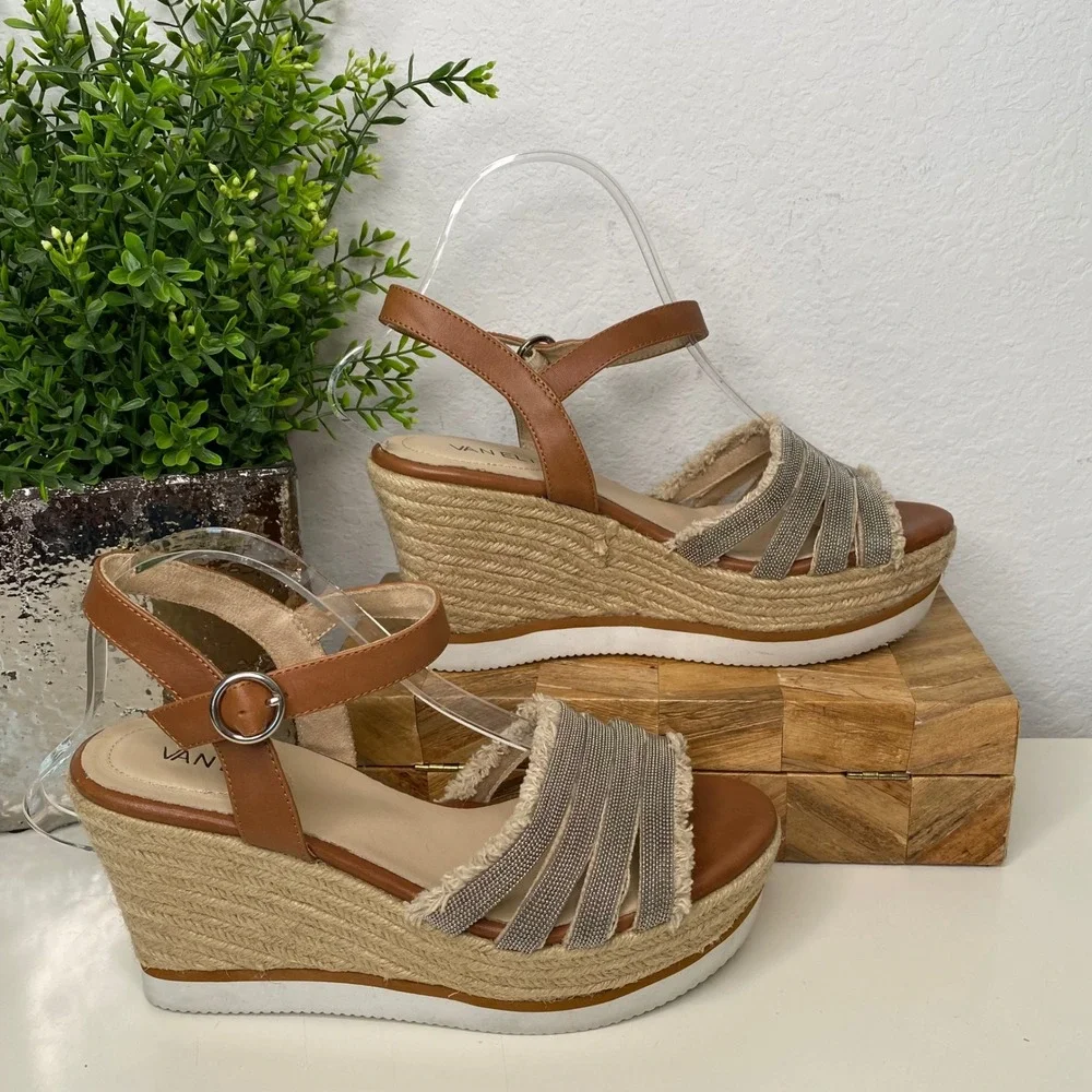 Vaneli Tan Leather‎ Espadrille Wedge Sandals Metallic Chain Straps Women 9M